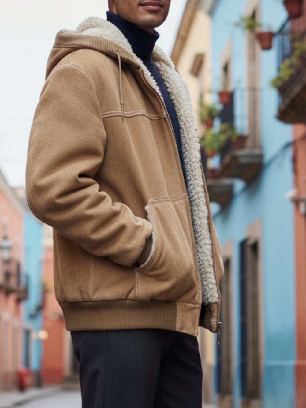 Men's Vintage Suede Tan Sherpa-Lined Hooded Bomber Jacket
